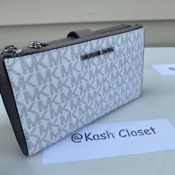 Michael Kors wristlet double zip wallet purse MK signature Bright White - Picture 1 of 7
